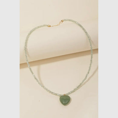 Stone Heart Pendant Beaded Necklace - Green