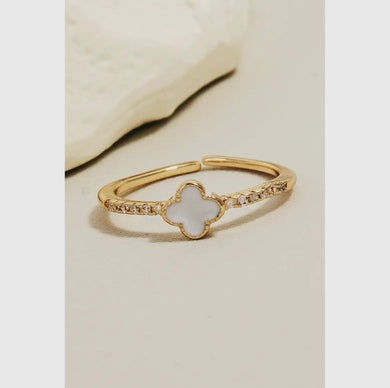 CZ Studded Clover Open Band Ring - Gold/White
