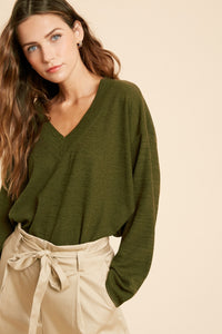 Aria V Neck Raw Edge Knit Top - Olive - Cactus Lounge Boutique