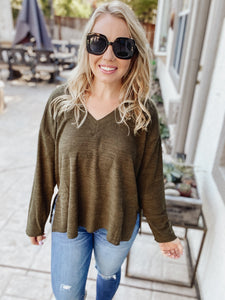 Aria V Neck Raw Edge Knit Top - Olive - Cactus Lounge Boutique