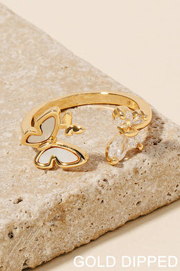 Gold Dipped Shell And Cz Butterfly Open Band Ring - Gold