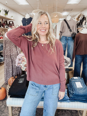 Sutton Crew Neck Pullover with Middle Seam Detail - Dust Plum