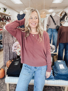 Sutton Crew Neck Pullover with Middle Seam Detail - Dust Plum