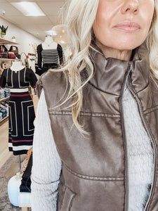 Saddle Ridge Leather Look Puffer Vest - Brown