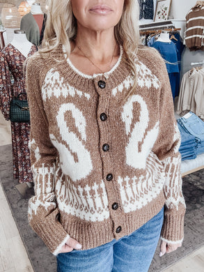 Swan Lake Jacquard Button Down Cardigan - Caramel