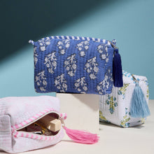 Blue Quilted Floral Cosmetic Pouch | Zipper Makeup Bag with Tassel - Blue