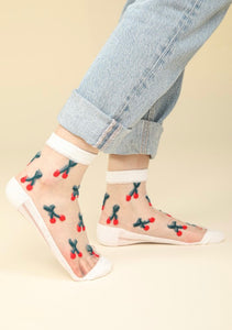 Cherry Embroidered Mesh Ankle Socks