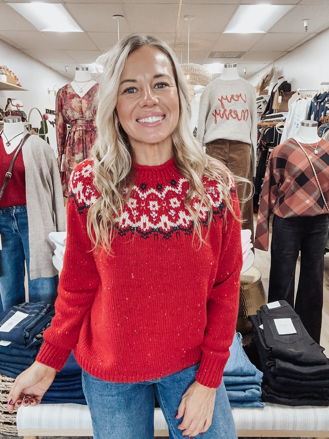 Nordic Noel Fair Isle Knit Lurex Sweater - Red Multi