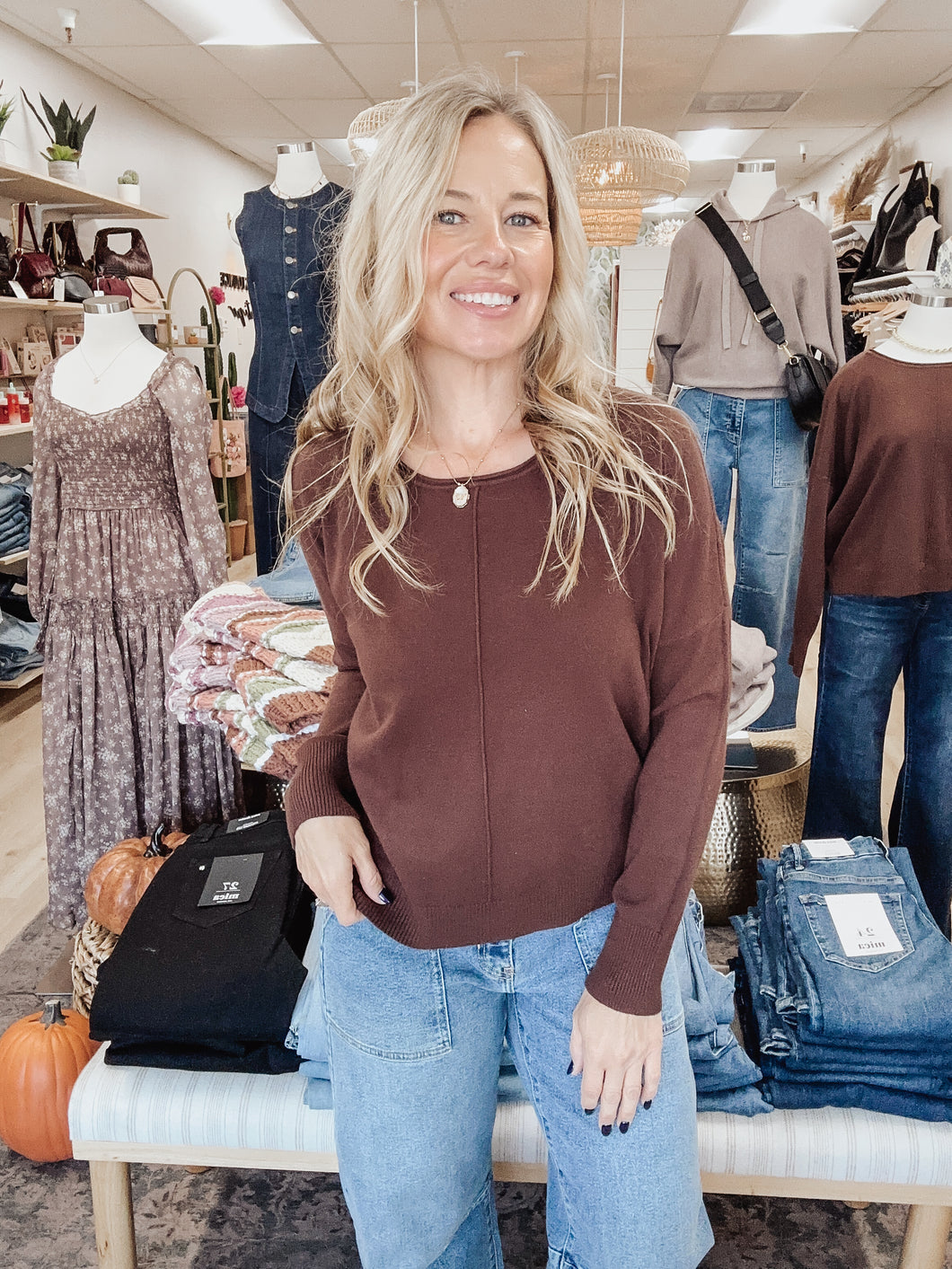 Sutton Crew Neck Pullover with Middle Seam Detail - Chocolate