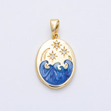 18K Gold Filled 20mm Clear CZ Celestial Crescent Moon Star Sea Ocean Oval Pendant Charm Bar