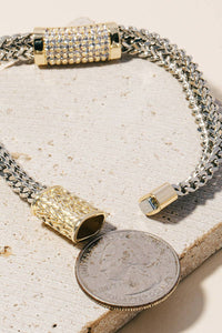 Cz Pave Bar 2 Tone Layered Chains Magnetic Bracelet