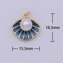 Mini Gold Shell Pearl Charm Bar Blue Enamel Clam Pendant