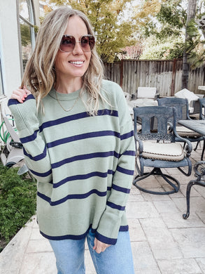 FINAL SALE Cozy Creek Stripe Sweater Striped Crew Neck Long Sleeve Sweater  - Light Olive