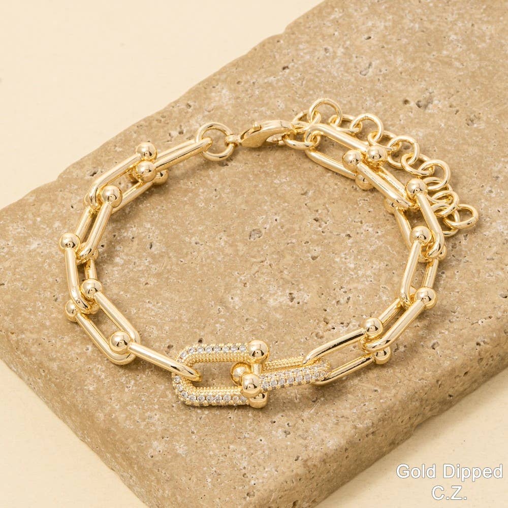 Gold Dipped Cz Pave U Link Chain Bracelet - Gold