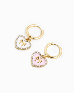 Bow Stamp on Heart Drop Hoop Earrings - White