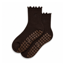 Solid Espresso Brown Monochromatic Ruffle Pilates Grip Socks: One size