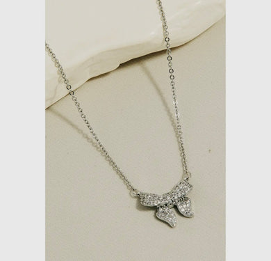 Pave Bow Ribbon Charm Necklace - Silver