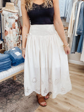 Seaside Stroll Nautical Eyelet Smocked Waist Midi Skirt - Ecru