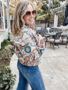 Retro Floral Printed Cropped Jacket