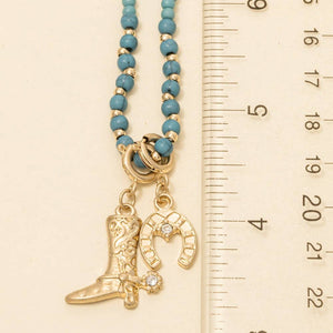 Western Cowboy Boot And Horseshoe Charms Chain Necklace - Turquoise