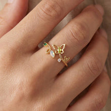 Gold Dipped Cz Leaf And Butterfly Open Ring - Gold