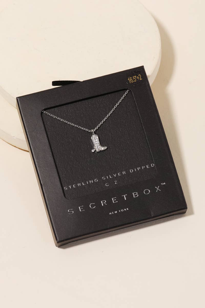 Secret Box Pave Western Cowboy Boot Pendant Necklace - Silver