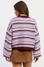 BUTTON UP ROUND NECK CARDIGAN: PURPLE BURGUNDY MULTI