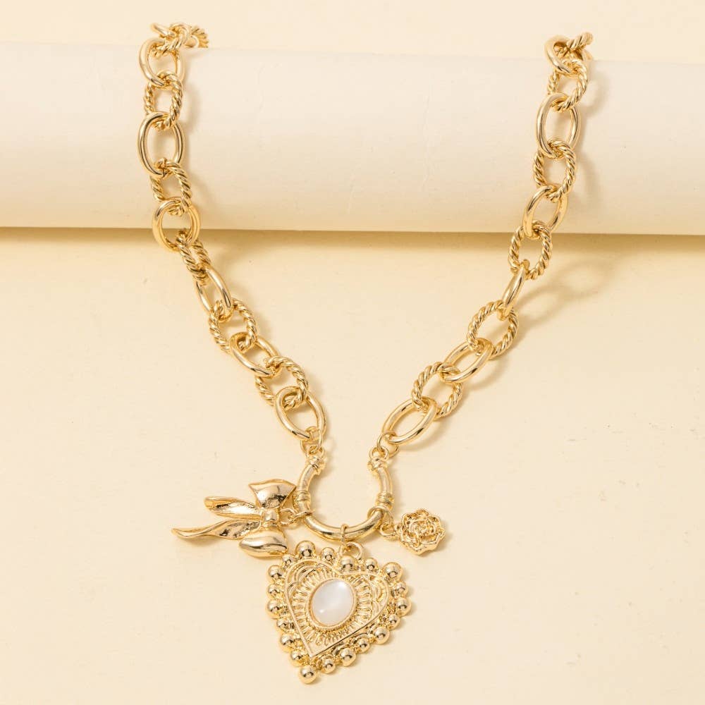 Heart And Ribbon Bow Pendants Chain Necklace - Gold
