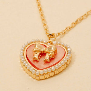 Pearl Set Heart Ribbon Bow Pendant Layered Necklace - Turquoise