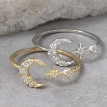 Cz Open Band Crescent Moon Star Ring - Silver