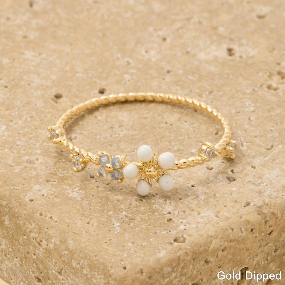 Delicate Gold Dipped Cz Enamel Flower Ring