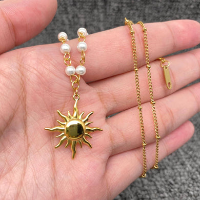 18K Gold Plated SS Sun Charm Pearl Chain Necklace