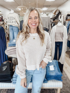 Cozy Stitch Two Tone Textured Knit Casual Sweater Top - Taupe