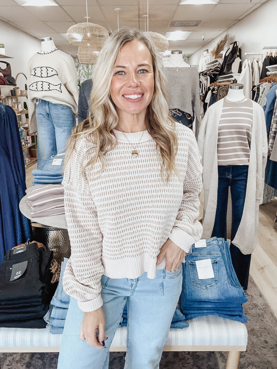 Cozy Stitch Two Tone Textured Knit Casual Sweater Top - Taupe