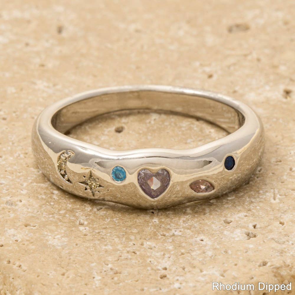 Cz Gold Dipped Heart Moon Band Ring - Silver