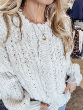 Marcie Eyelet Cable Knit Scalloped Trim Knit Cardigan - Oatmeal