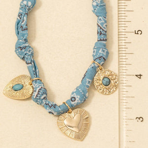 Stone Set Heart And Coin Charms Paisley Bandana Scarf Necklace