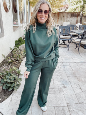 High Society Mock Neck Pullover and Wide Leg Sweatpants Set - Hunter Green