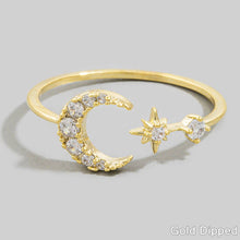 Cz Open Band Crescent Moon Star Ring - Silver
