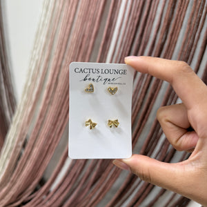 Bow Studs & Pave Studded Heart Earring Set - Gold