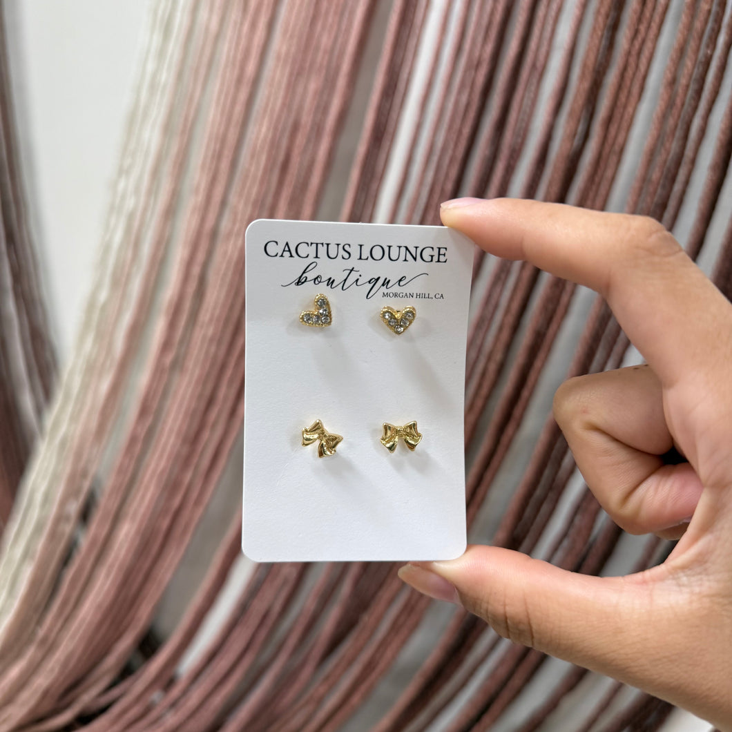 Bow Studs & Pave Studded Heart Earring Set - Gold