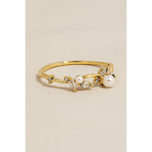 Cz And Pearl Studded Flower Band Ring - Gold