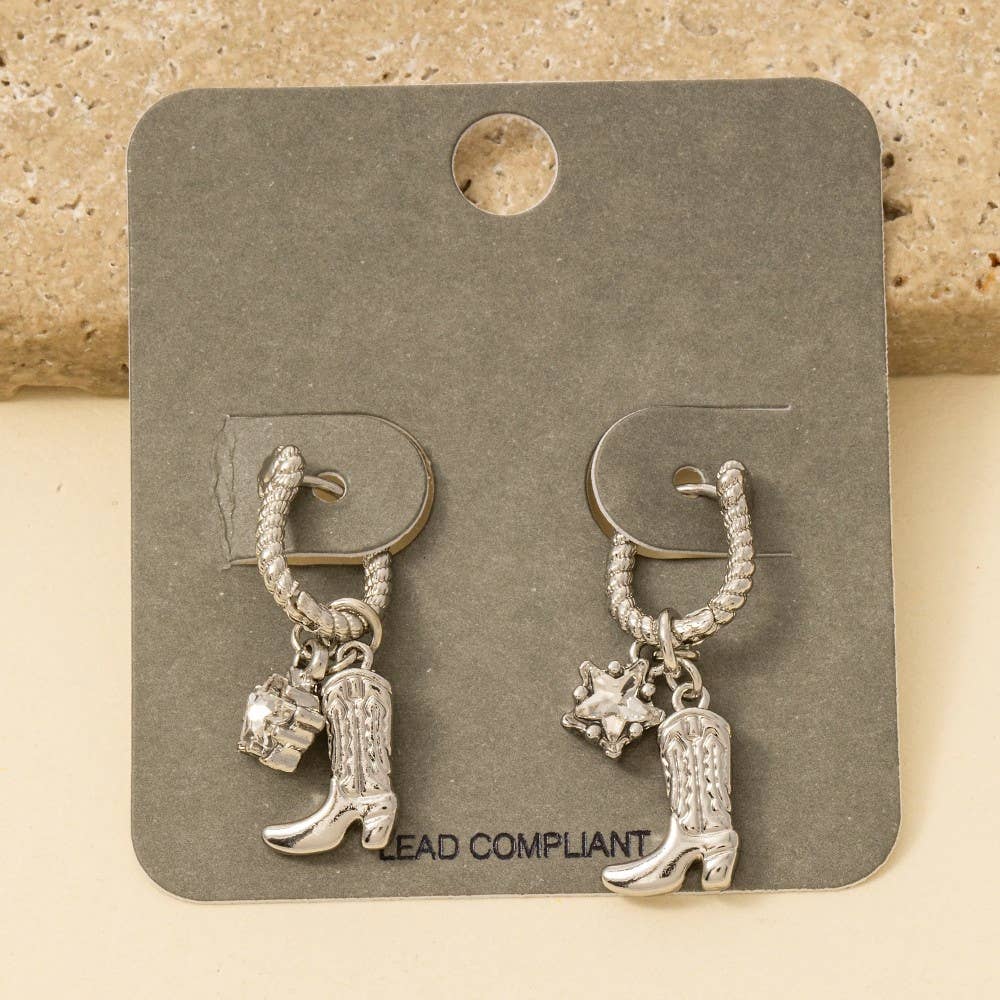 Western Cowboy Boot Charm Hoop Earrings - Silver