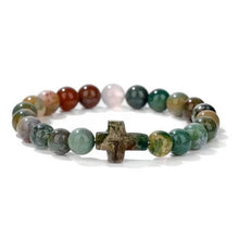 Boho Natural Stone Cross Charm Beaded Bracelet - African Turq