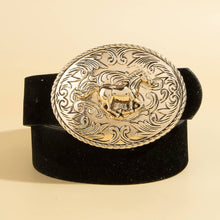 Western Large Engraved Horse Buckle Belt - Gold and Brown