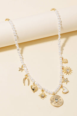 Assorted Charms Pearl Beaded Chain Necklace - Gold