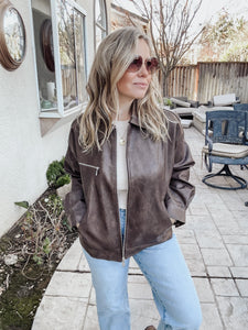 Vintage Inspired Faux Leather Worn Look Zip Up Jacket