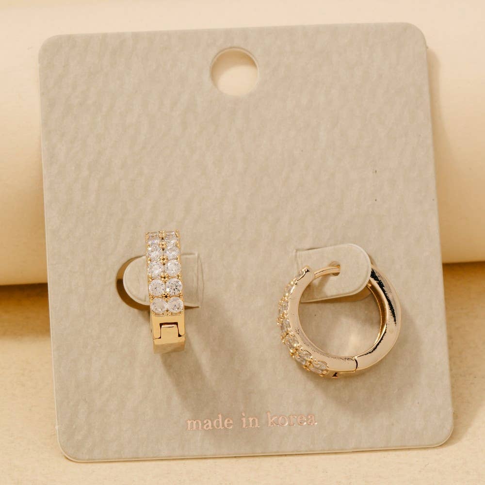 Rhinestone Square Studs Hinge Hoop Earrings - Gold