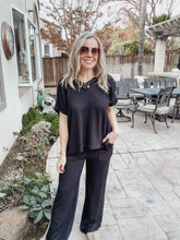 Jordyn Textured Top & Draw String Straight Leg Pant Set - Black