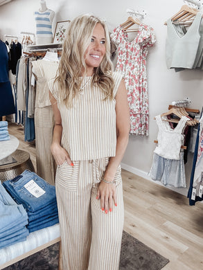 Driftwood Stripe Sleeveless Blouse Wide Leg Pant Set